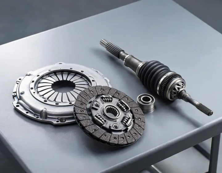 Clutch kit and CV joint axle on a transmission workbench