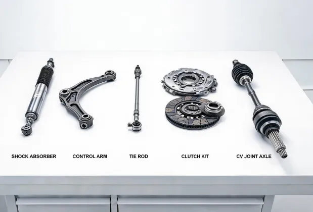 Shock absorber, control arm, tie rod, clutch kit, and CV axle product set